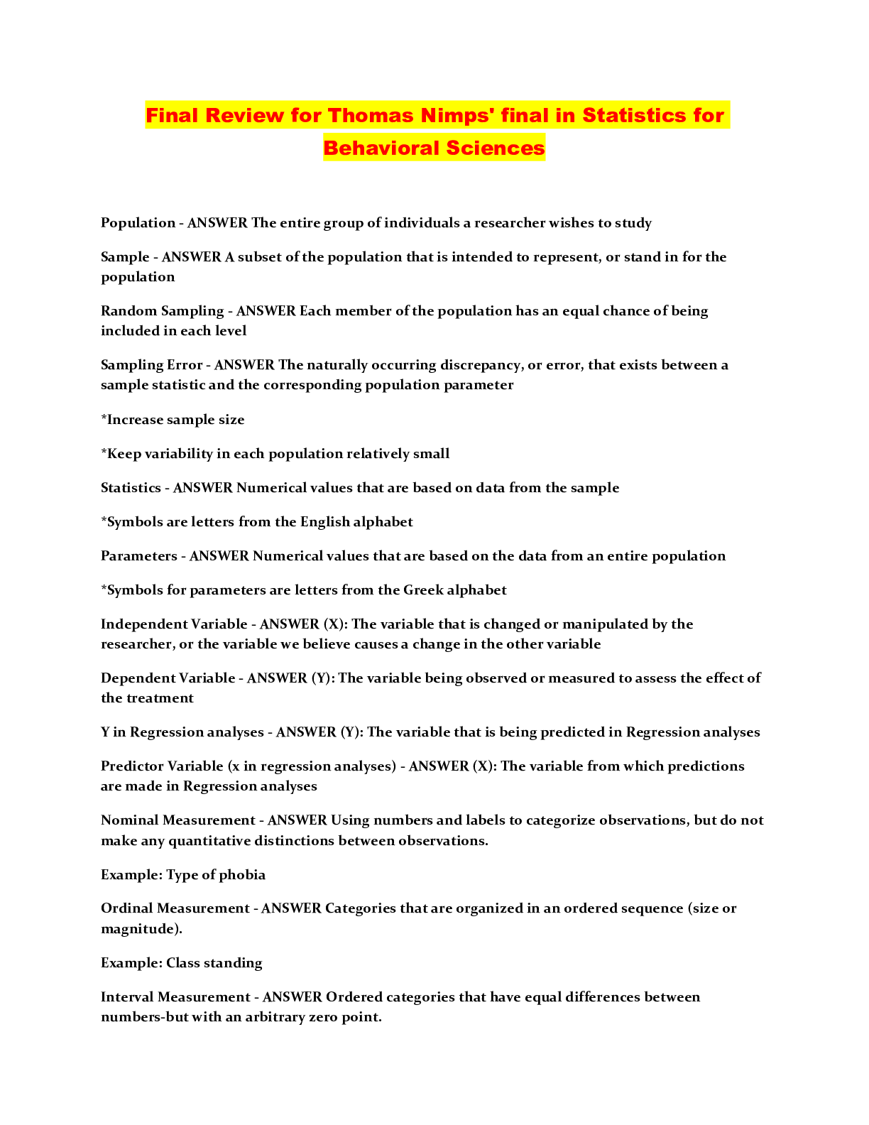 Preview image of Final Review for Thomas Nimps' final in Statistics for Behavioral Sciences document